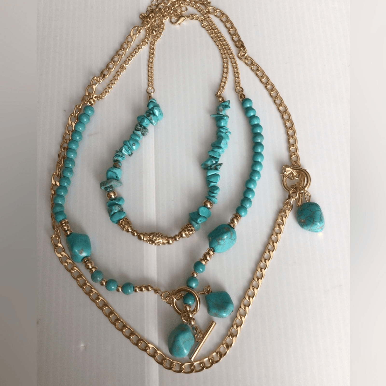 New ! Boho Turquoise And Faux Gold Layered Necklace Set
